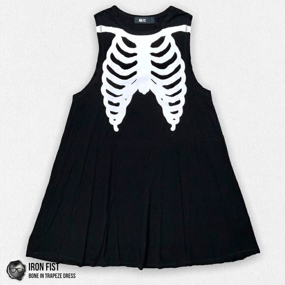 DOLLS KILL /IRON FIST BONE IN TRAPEZE TANK DRESS BLACK WHITE SKELETON BONES NWT - Picture 1 of 15